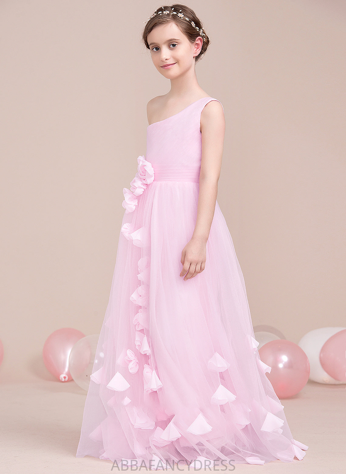 With Floor-Length Junior Bridesmaid Dresses Dylan Tulle Flower(s) One-Shoulder Ruffle A-Line