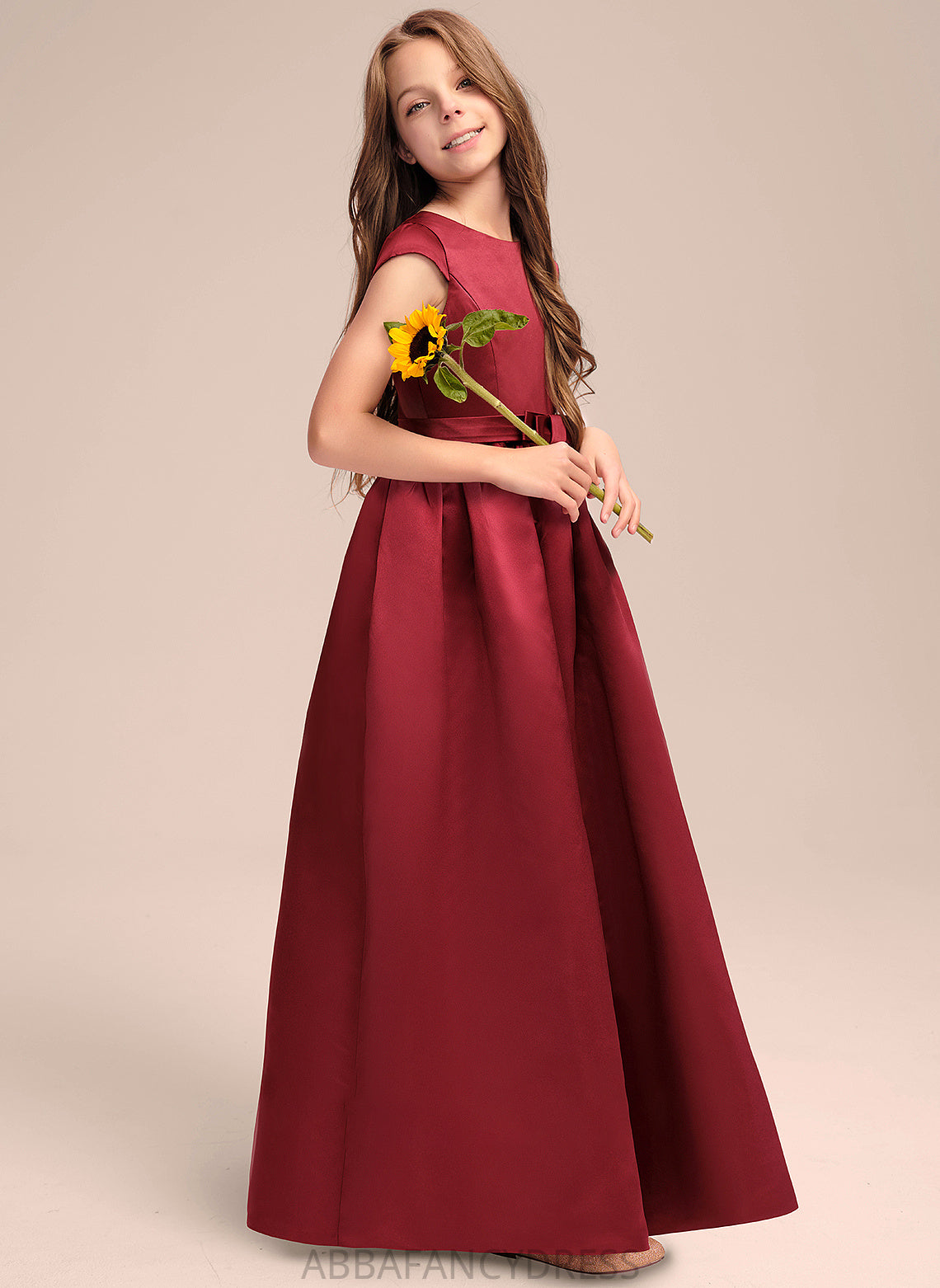 Pockets With A-Line Satin Junior Bridesmaid Dresses Scoop Floor-Length Cierra Bow(s) Neck