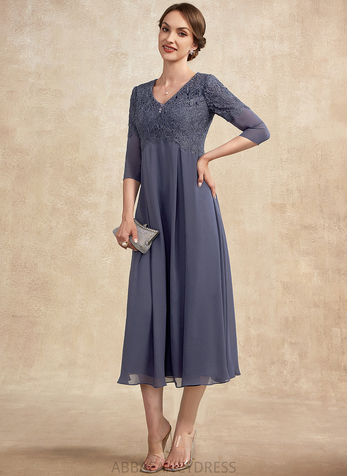 With Tea-Length Mother Dress Lace Mother of the Bride Dresses of Beading Chiffon V-neck Bride the Frederica A-Line