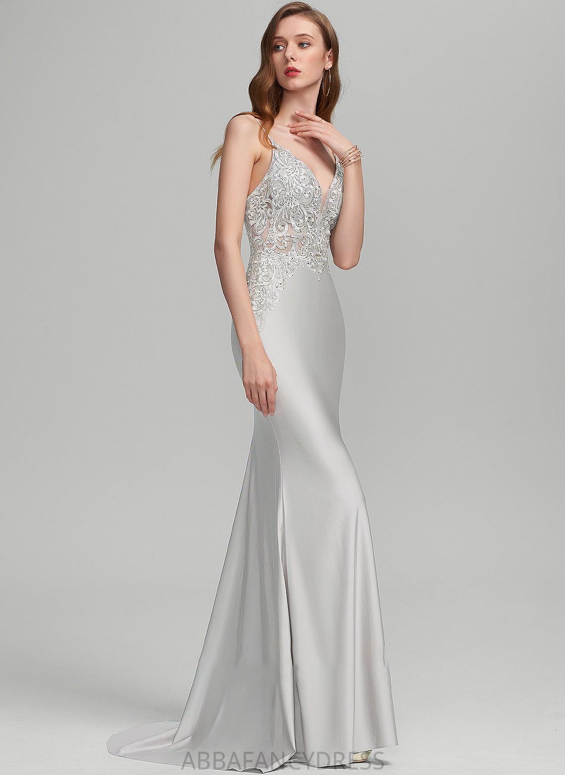 Train Prom Dresses Janet With V-neck Trumpet/Mermaid Sequins Jersey Sweep