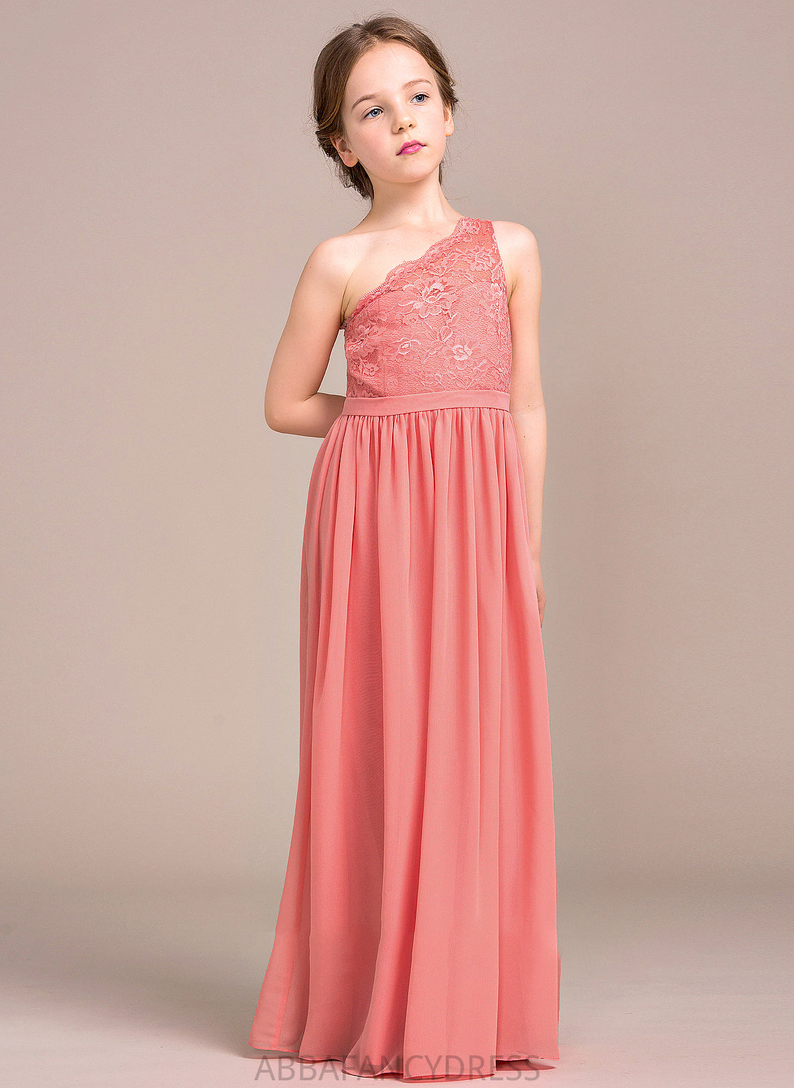 Libby A-Line One-Shoulder Lace Floor-Length Chiffon Junior Bridesmaid Dresses