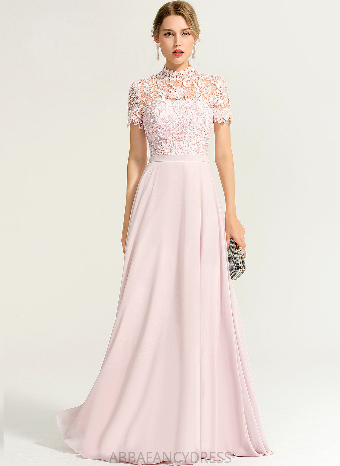 High Illusion Lace Prom Dresses Floor-Length Neck Chiffon Elisa A-Line