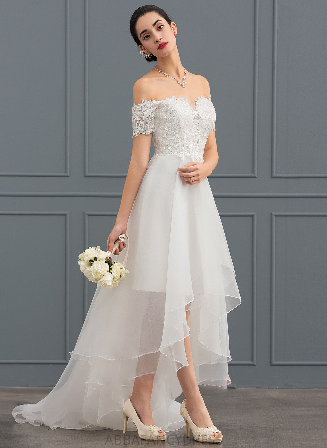 With A-Line Dress Organza Wedding Sequins Wedding Dresses Asymmetrical Ashlee