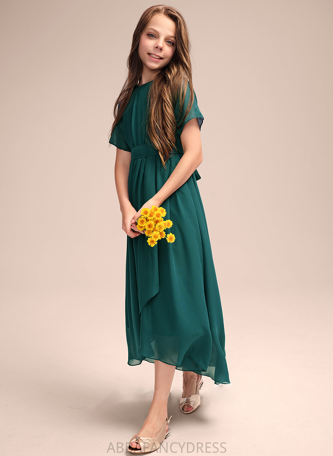 Bow(s) Ruffle Chiffon A-Line With Asymmetrical Junior Bridesmaid Dresses Neck Scoop Angie