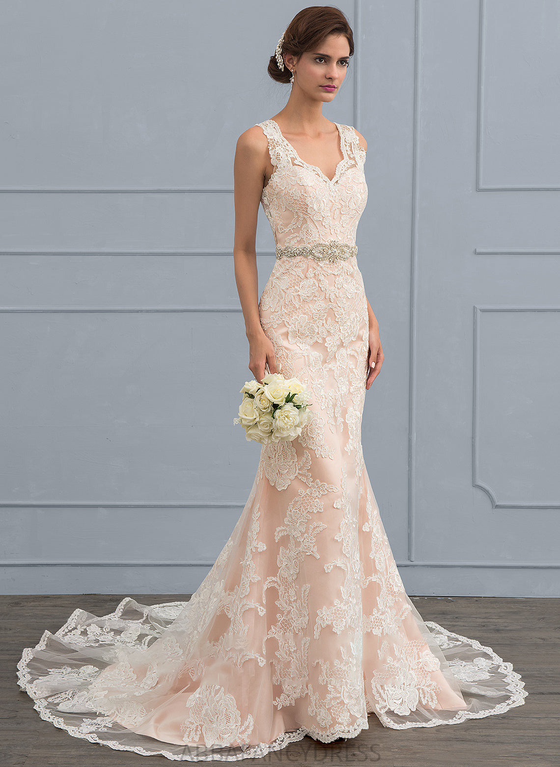 Train Beading Trumpet/Mermaid V-neck Wedding Lace Dress Wedding Dresses Chapel Cassie With Tulle