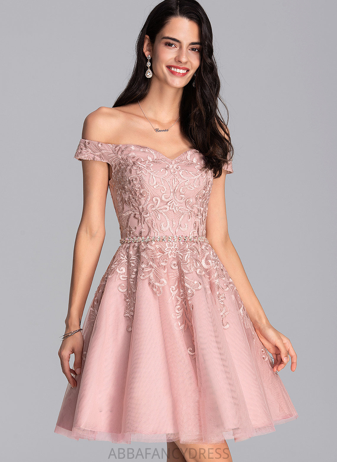 Beading A-Line Nevaeh Off-the-Shoulder With Sequins Tulle Short/Mini Prom Dresses