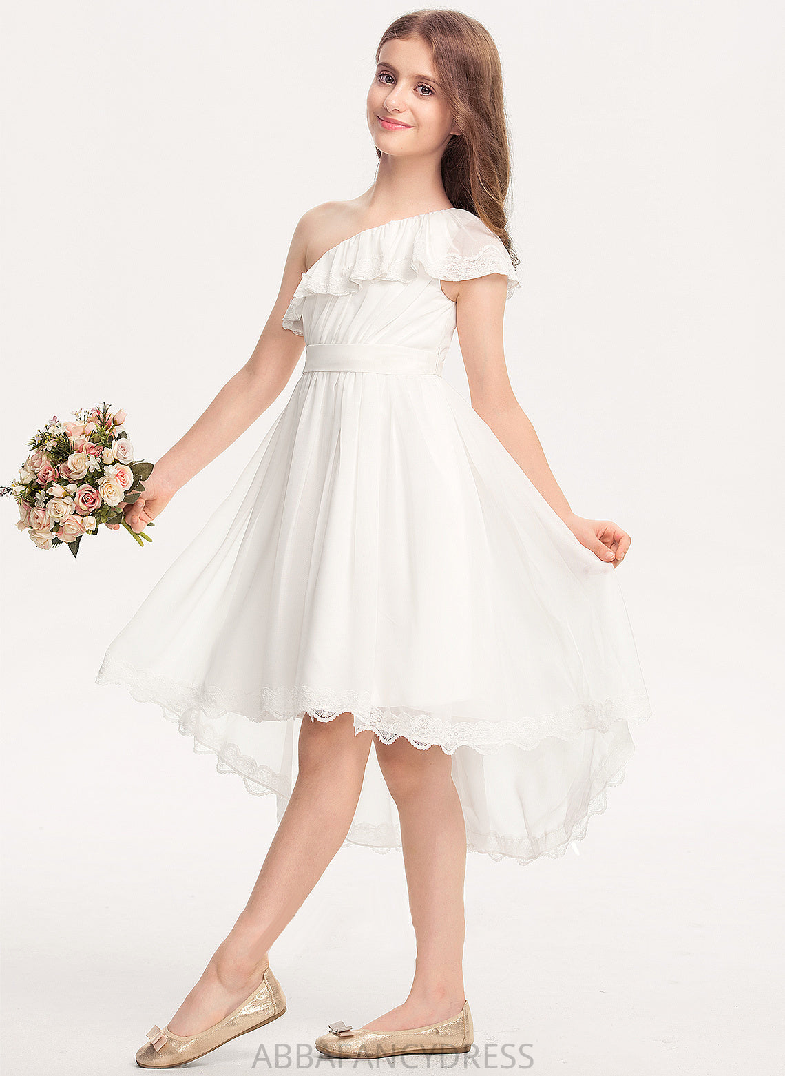 A-Line Chiffon Lace Clarissa Junior Bridesmaid Dresses With Bow(s) Asymmetrical One-Shoulder