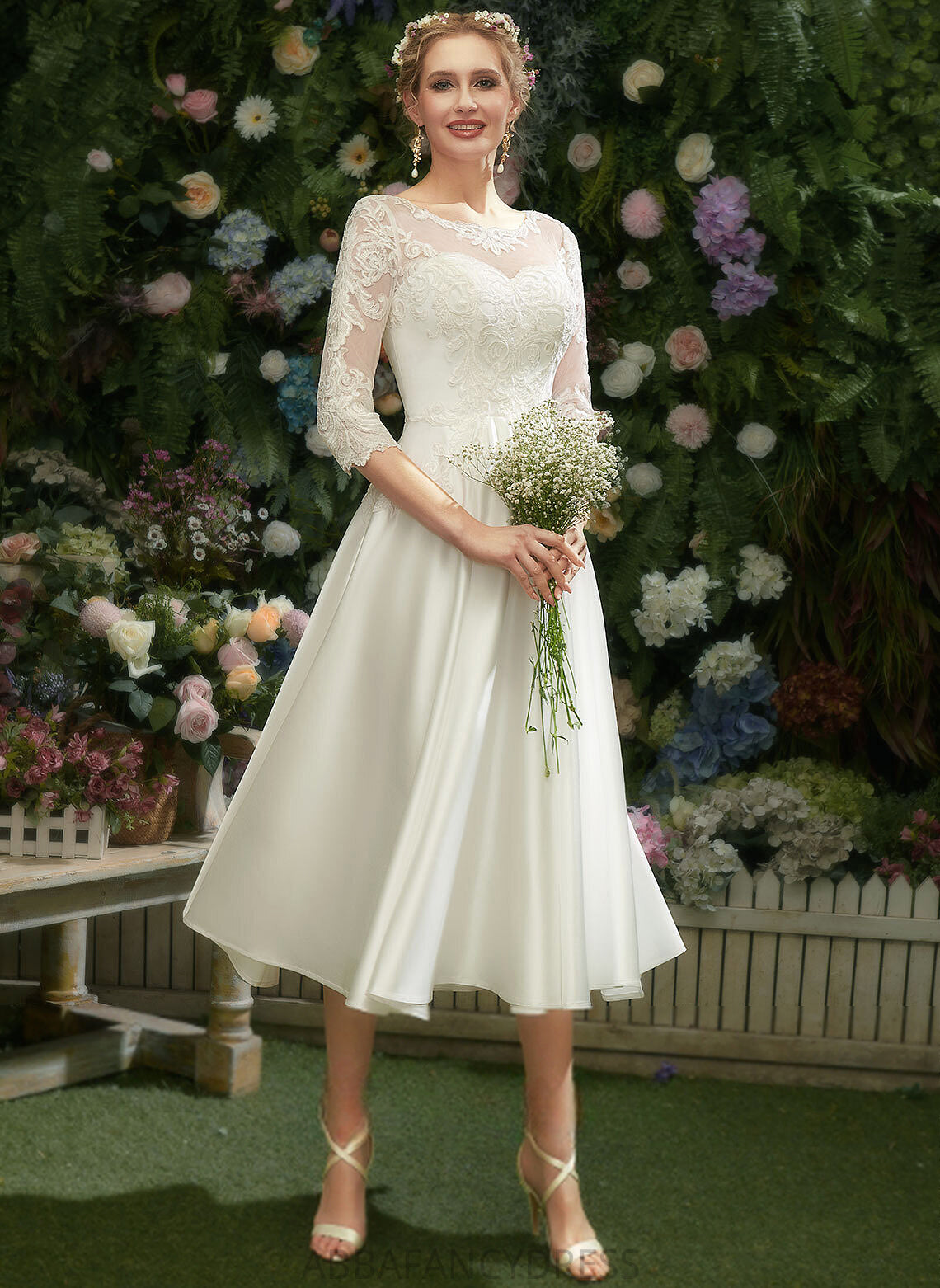 Lace Illusion A-Line Dress Wedding Wedding Dresses Tea-Length Giovanna Satin