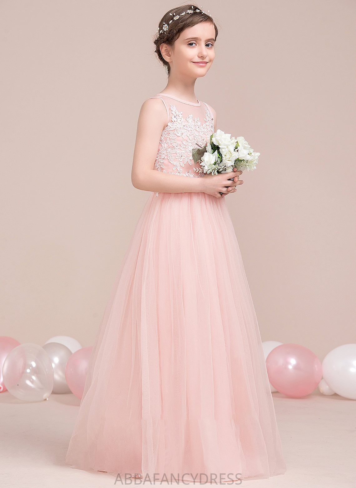 A-Line Sequins Beading Alondra Scoop Junior Bridesmaid Dresses Floor-Length Tulle Neck With