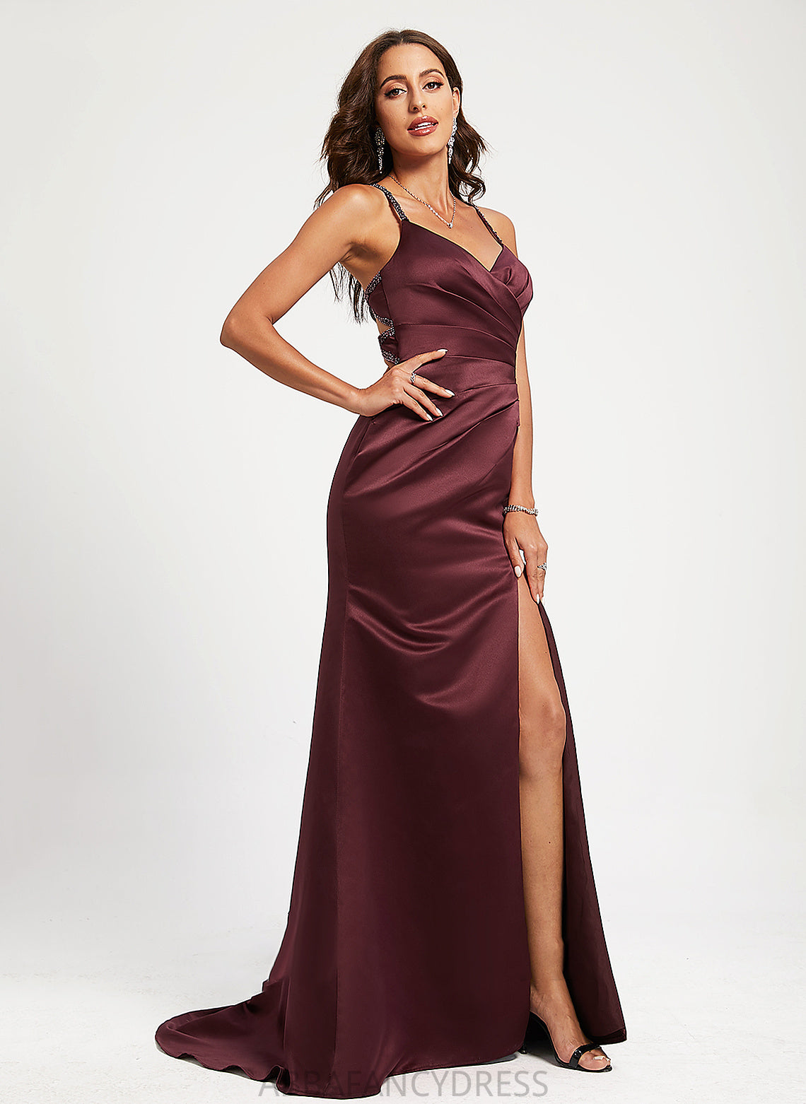 Prom Dresses Charity V-neck Train Satin Trumpet/Mermaid With Sweep Sequins Beading
