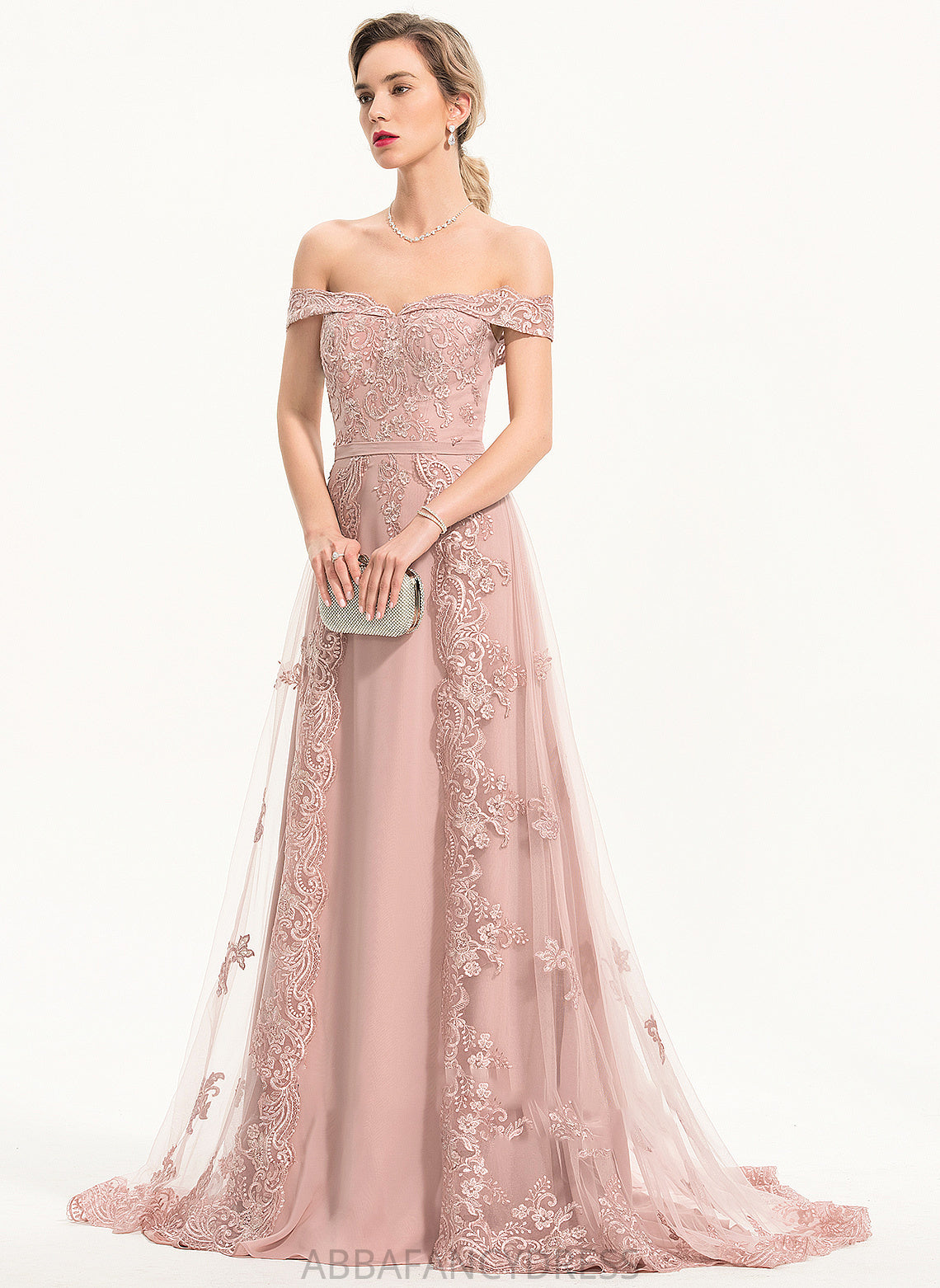 Off-the-Shoulder Tulle Raquel Sweep Sequins Chiffon A-Line Train With Prom Dresses