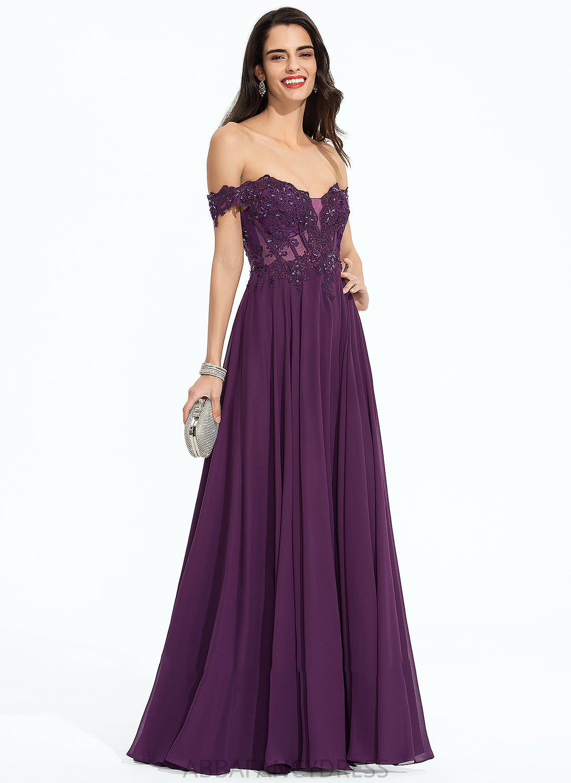 With Prom Dresses Ball-Gown/Princess Madyson Floor-Length Beading Sequins Chiffon Off-the-Shoulder