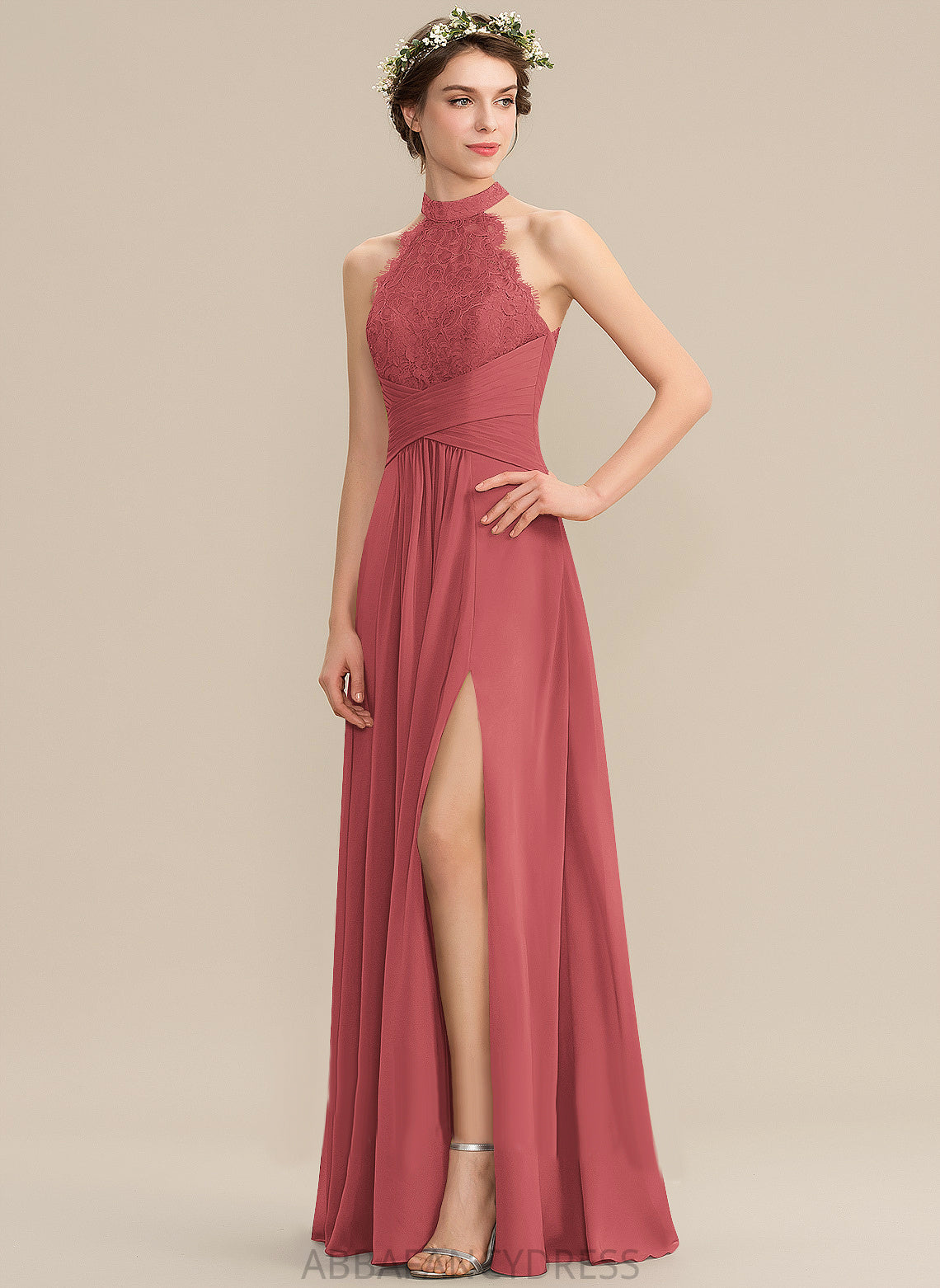 Split Floor-Length With High Front Neck Lace Prom Dresses A-Line Chiffon Ruffle Danielle