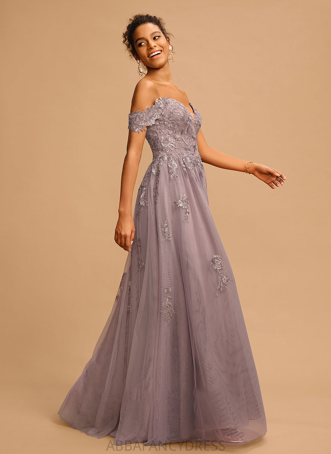 Prom Dresses A-Line Gloria Floor-Length Tulle Sequins Off-the-Shoulder With