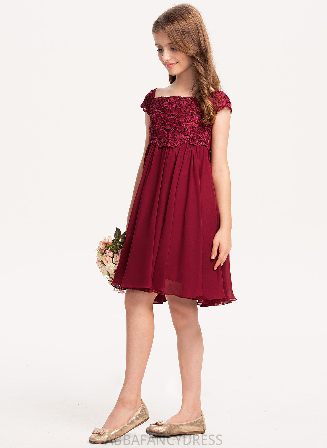 Lace Isabell Chiffon Bow(s) A-Line With Off-the-Shoulder Junior Bridesmaid Dresses Knee-Length