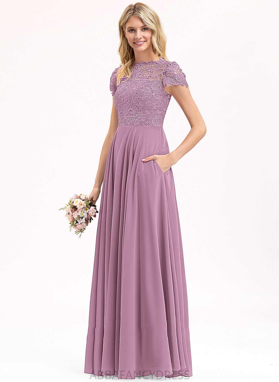 A-Line Chiffon Mercedes Scoop With Floor-Length Neck Prom Dresses Lace Pockets