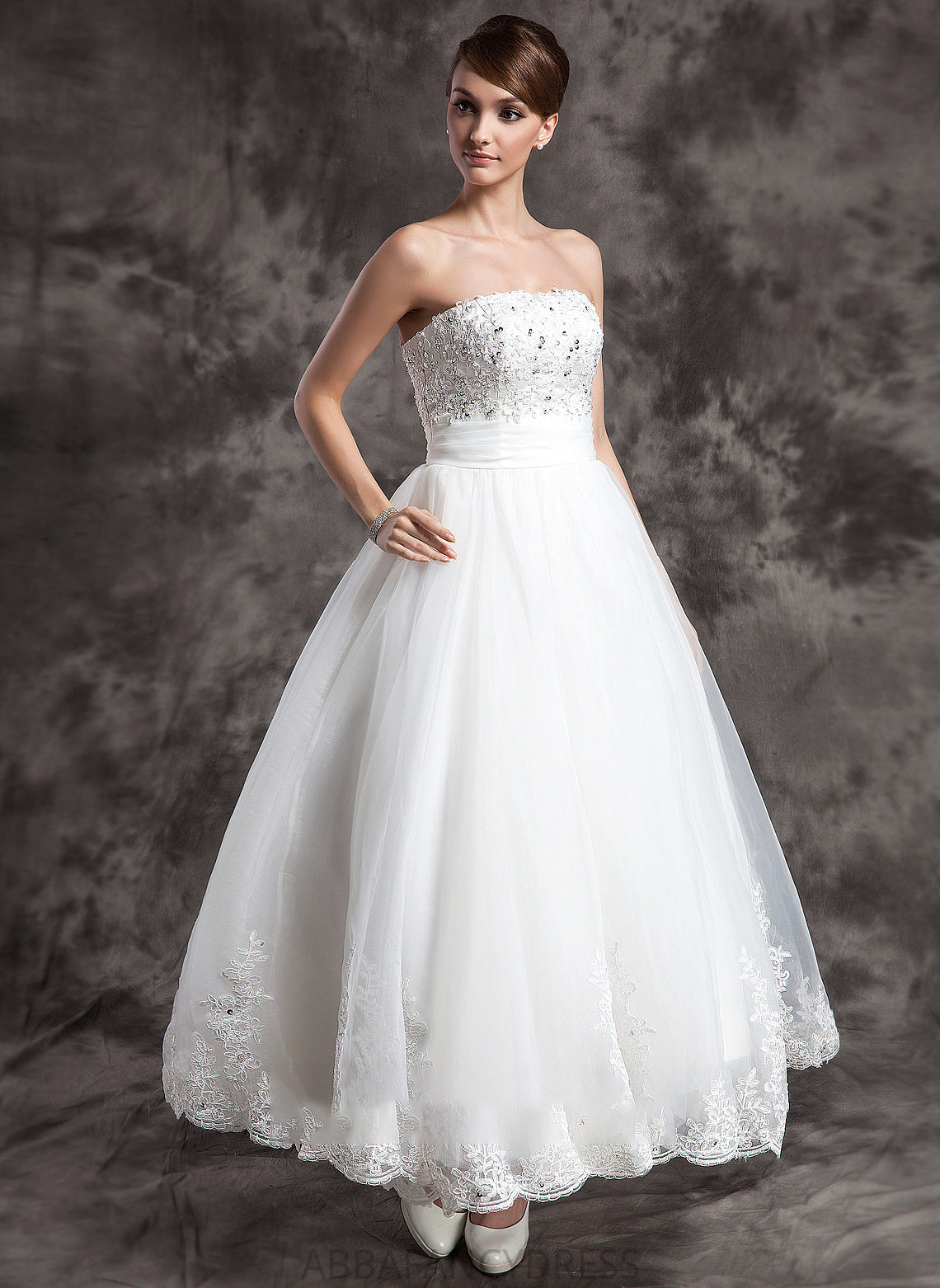 Wedding Beading With Ball-Gown/Princess Strapless Dress Larissa Ankle-Length Wedding Dresses Satin Organza Lace