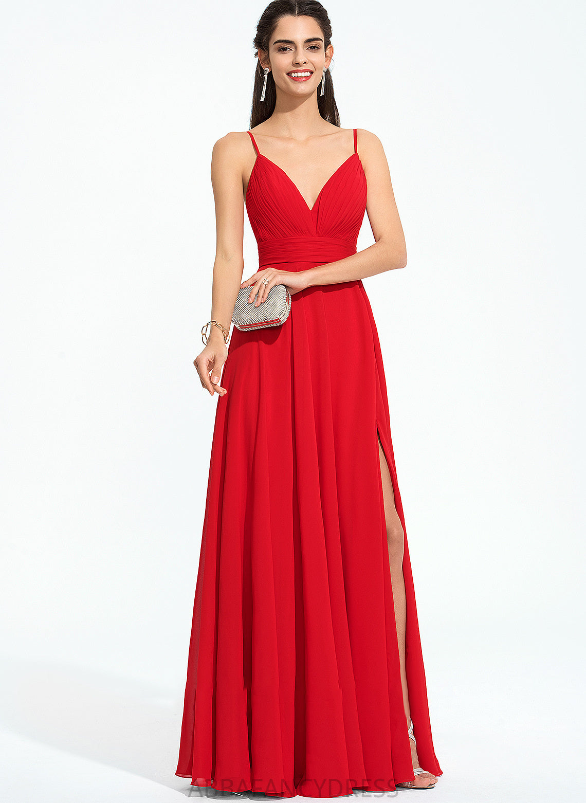 Kaelyn Floor-Length Chiffon Front A-Line Split Ruffle V-neck Prom Dresses With