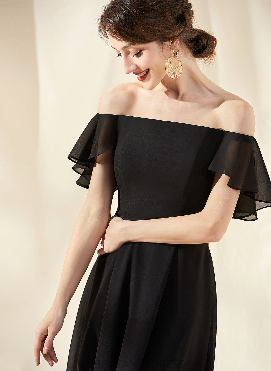 A-Line CascadingRuffles Silhouette Asymmetrical Neckline Off-the-Shoulder Length Embellishment Fabric Nicole A-Line/Princess Sleeveless