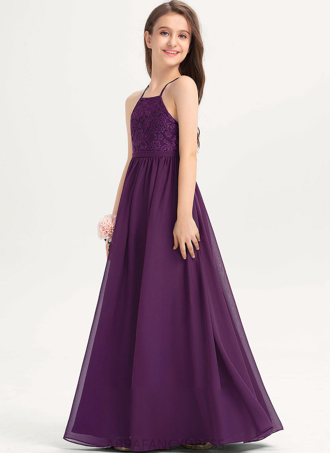 Neckline Bow(s) A-Line Junior Bridesmaid Dresses Lace Chiffon Square Allie Floor-Length With