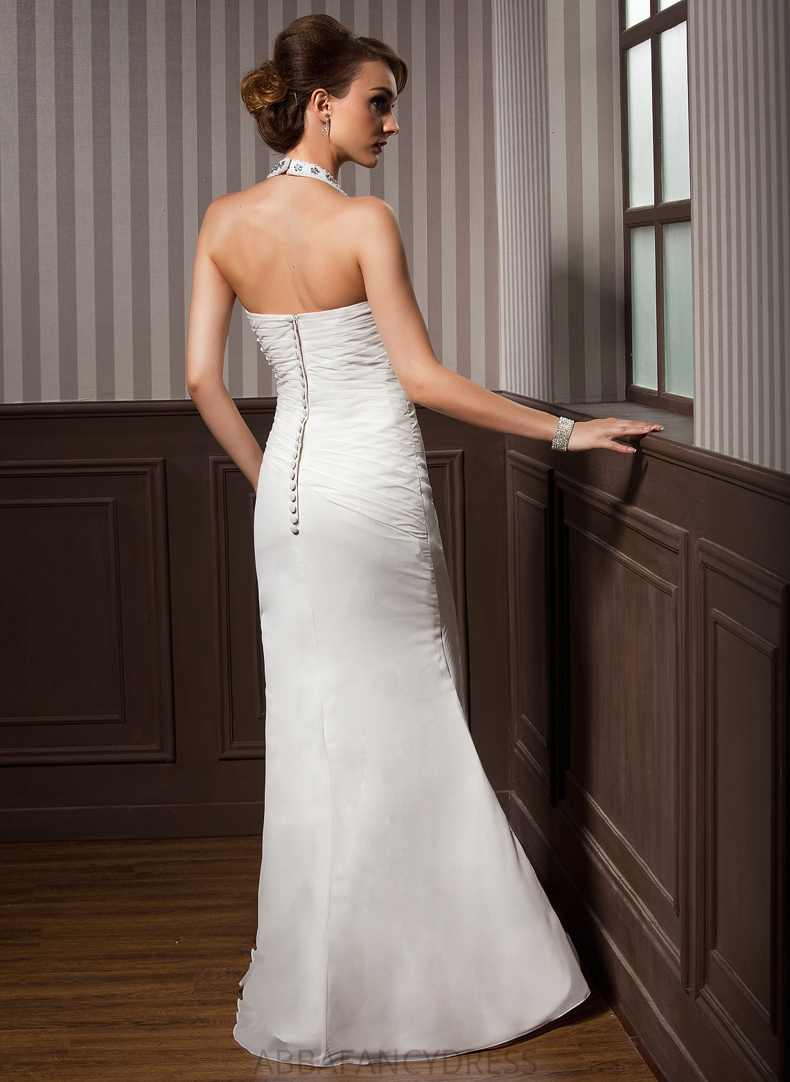 Sheath/Column Lace Sequins Ruffle Wedding Dresses Dress With Appliques Halter Chiffon Beading Floor-Length Wedding Satin Andrea