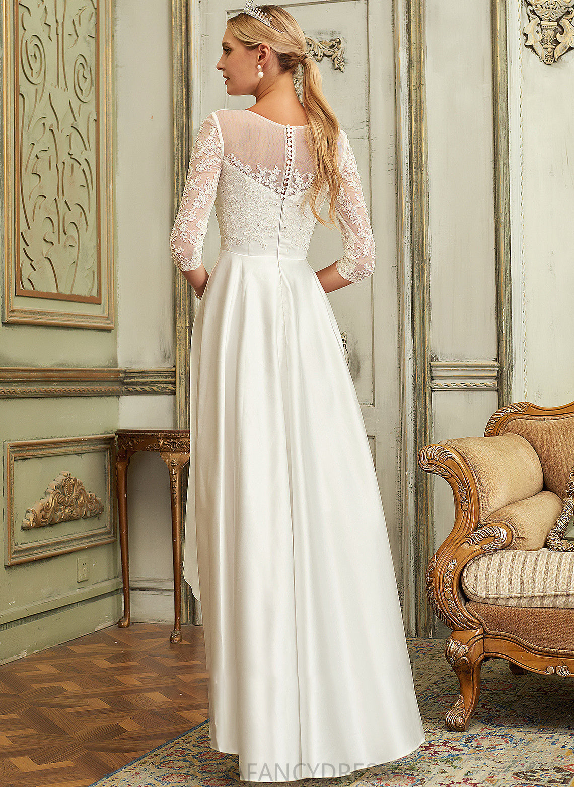 Neck Satin Lia Wedding Lace Wedding Dresses Scoop Asymmetrical A-Line Dress