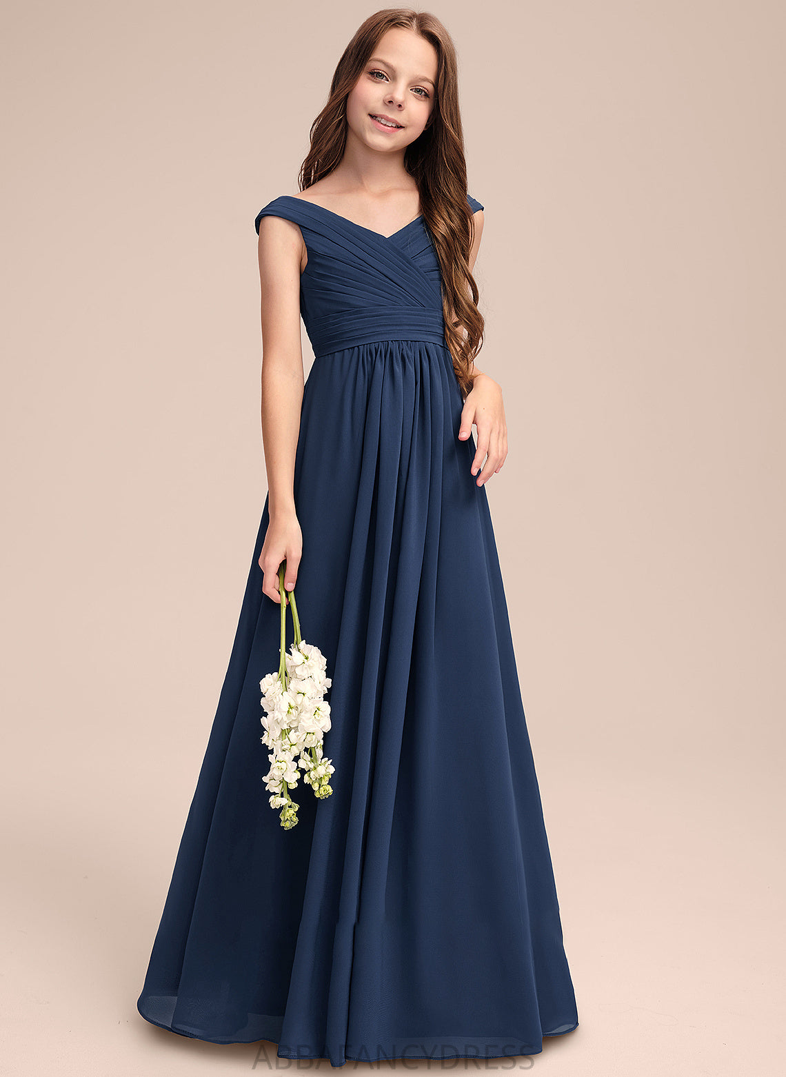 Kiara Off-the-Shoulder Floor-Length A-Line Junior Bridesmaid Dresses Ruffles Chiffon With
