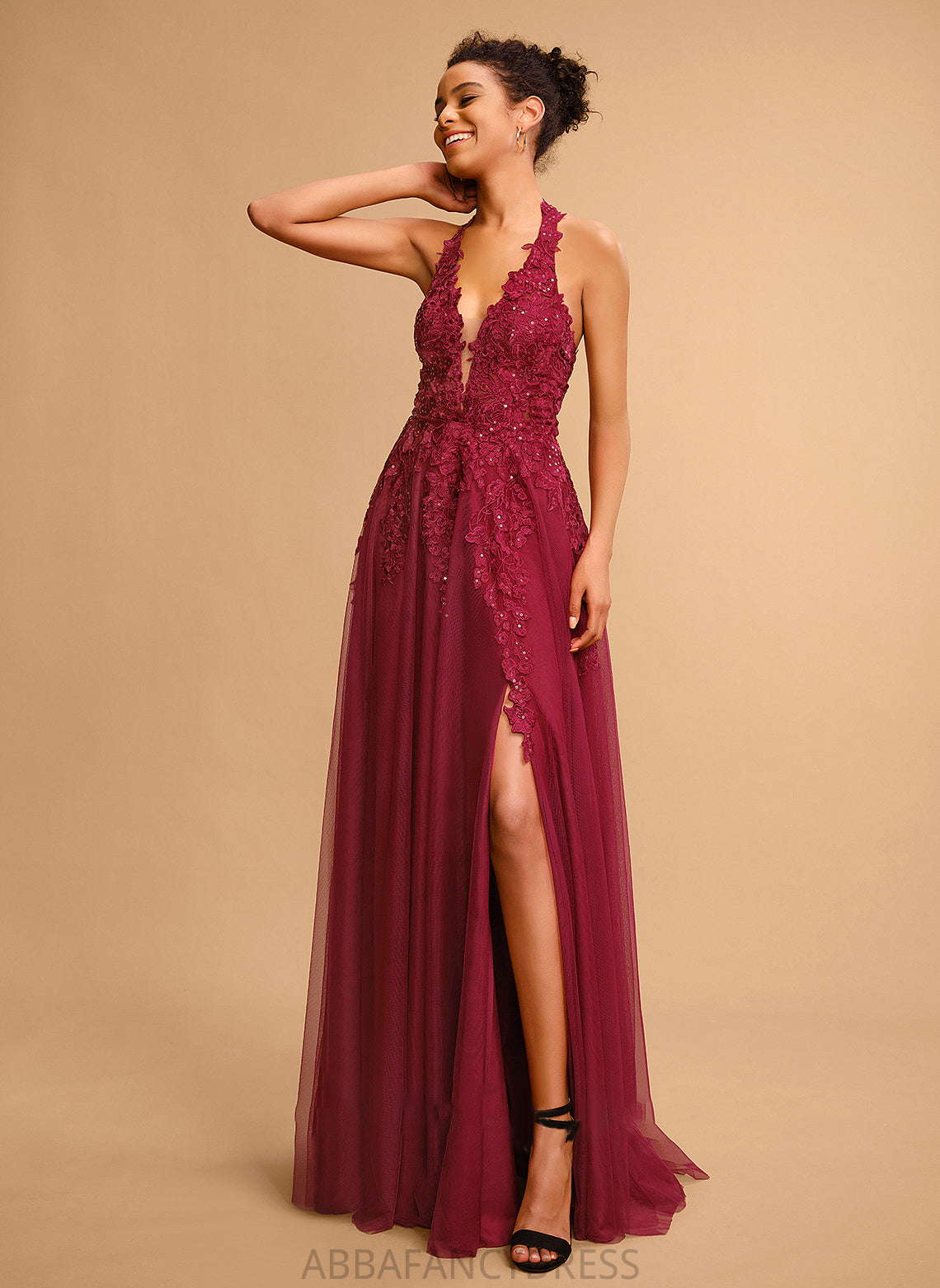 Lace Halter Tulle Floor-Length Ball-Gown/Princess Prom Dresses Sequins With Adrienne