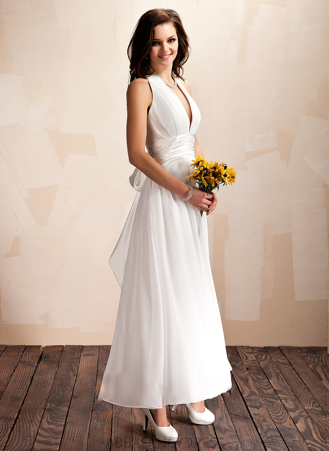 Chiffon A-Line Halter Wedding Dresses Wedding Dress Ankle-Length Meredith Ruffle With Bow(s)