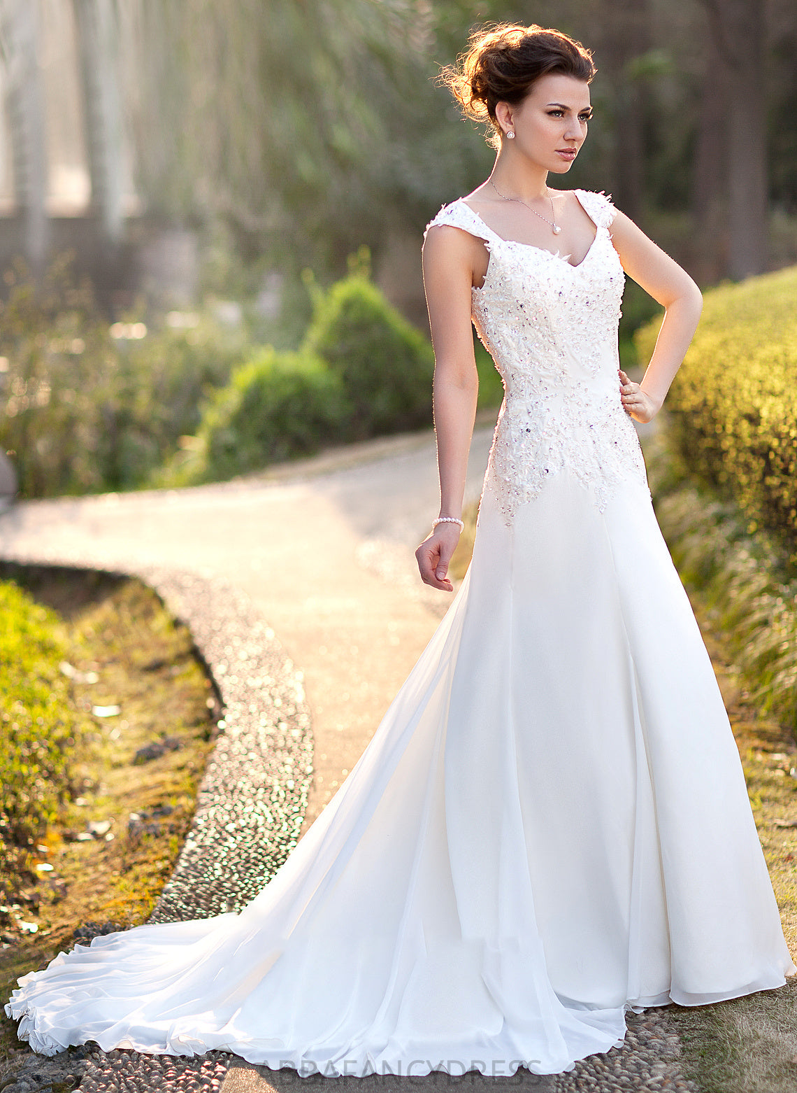 Lace Train Beading V-neck A-Line Wedding With Miah Wedding Dresses Court Sequins Dress Chiffon