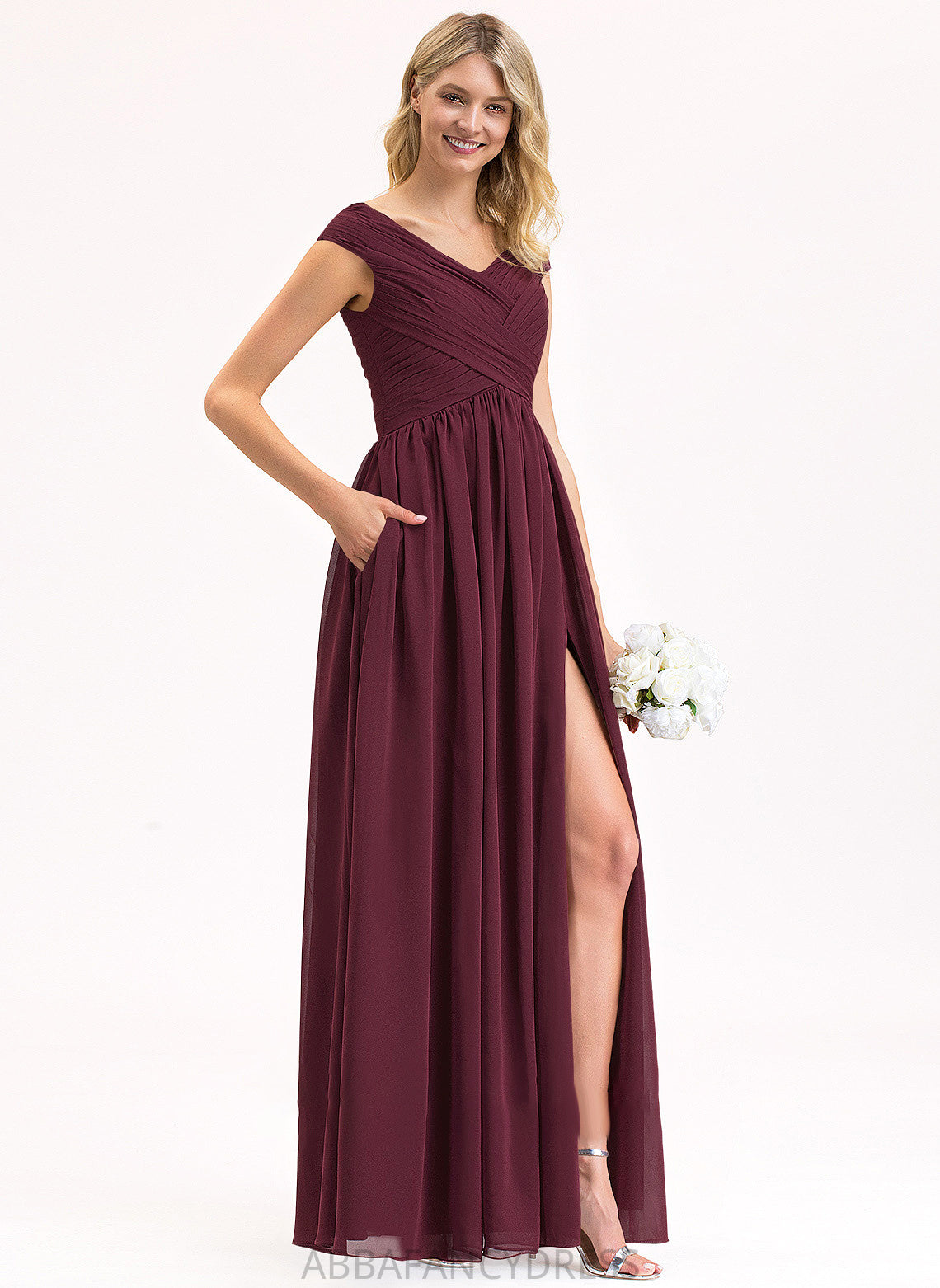 Pockets Chiffon Ruffle Floor-Length Off-the-Shoulder Angelina Prom Dresses Front A-Line Split With