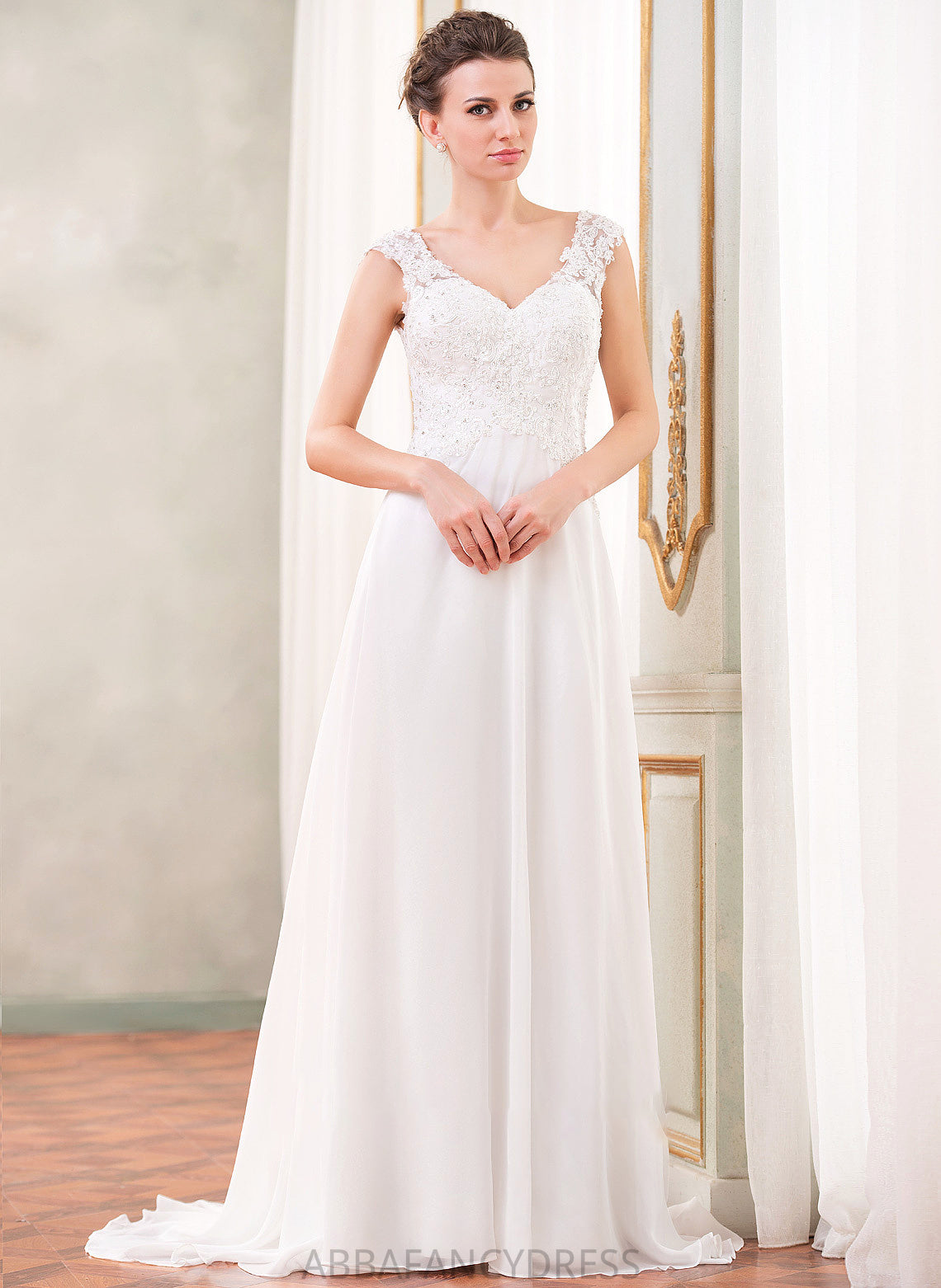 Beading Dress V-neck Chiffon Wedding A-Line Alina Wedding Dresses Sequins Train With Lace Sweep