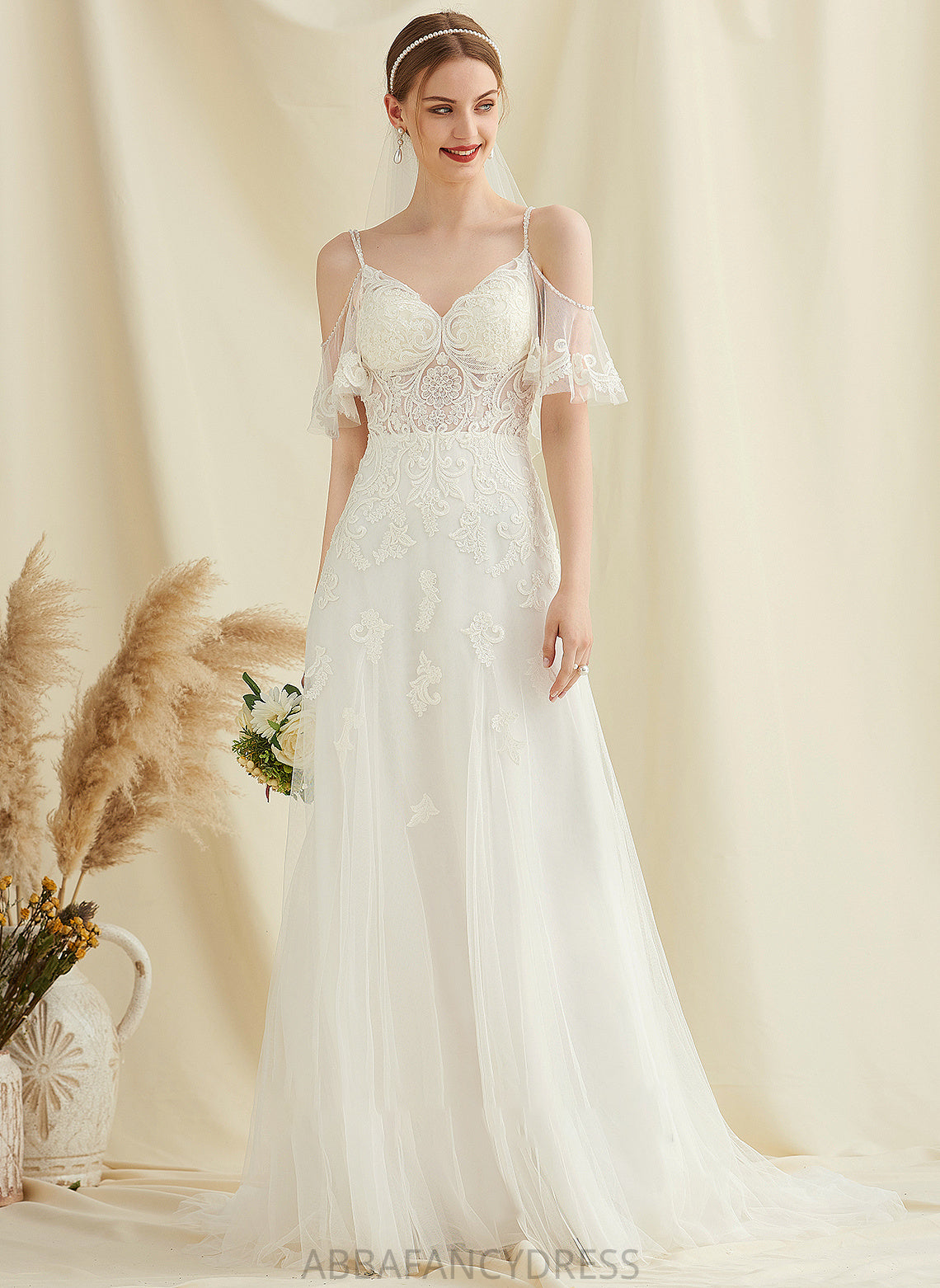 Lace Beading Tulle With A-Line Wedding Dresses Marlie Dress Train Sweep Wedding