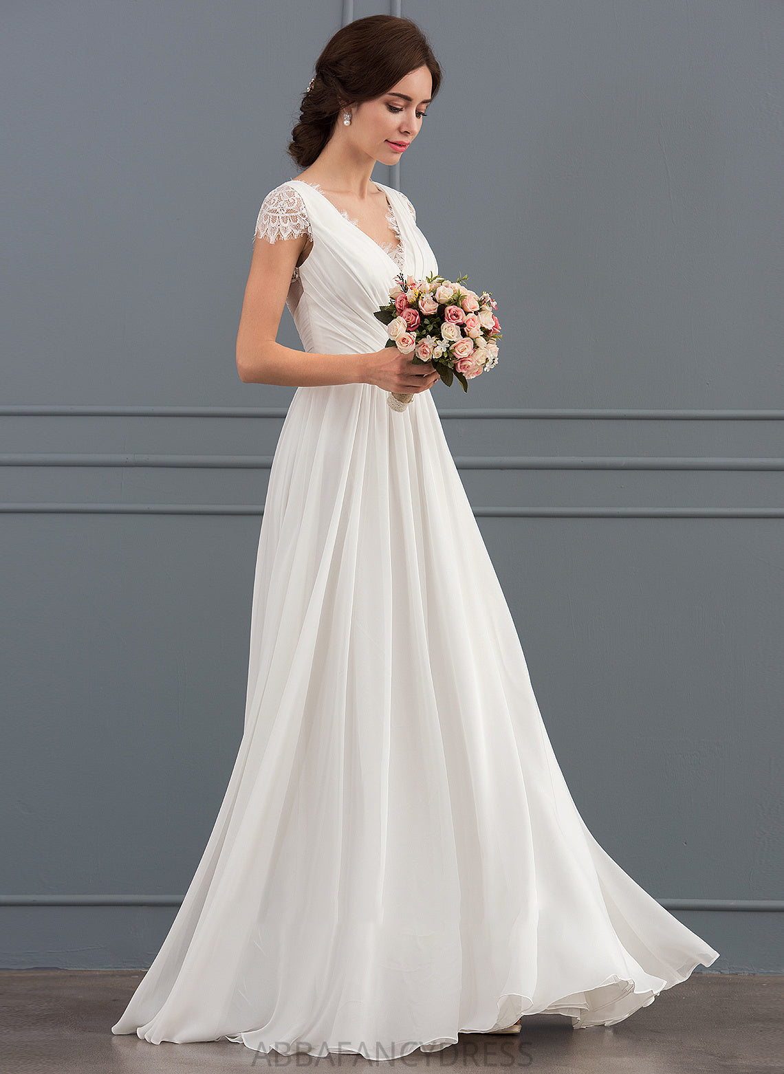 Wedding Dresses A-Line Chiffon Wedding Frederica V-neck Ruffle Dress Floor-Length With Lace