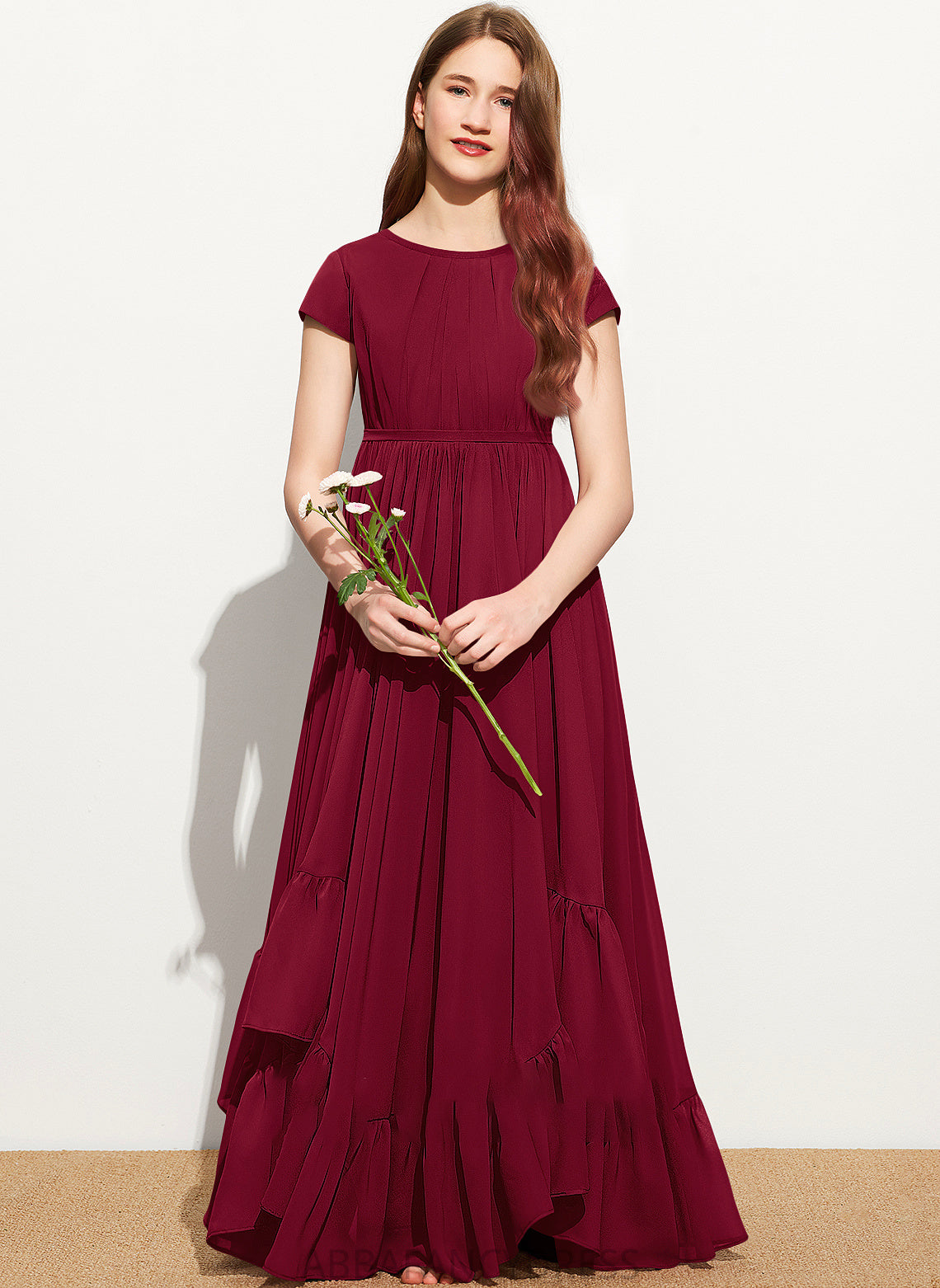 Junior Bridesmaid Dresses Bow(s) Ruffles Floor-Length Aylin A-Line Scoop With Cascading Chiffon Appliques Lace Neck