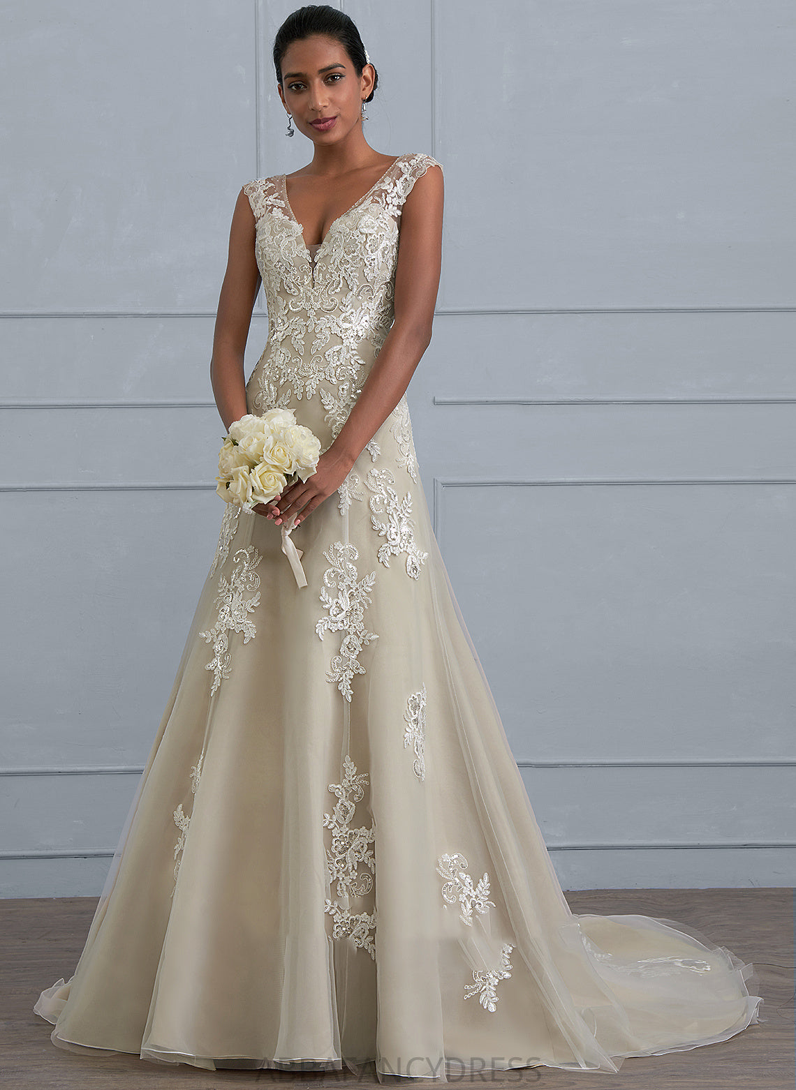 Wedding Dresses With Lace Ayanna Court Wedding Sequins A-Line Dress Train Tulle Beading V-neck