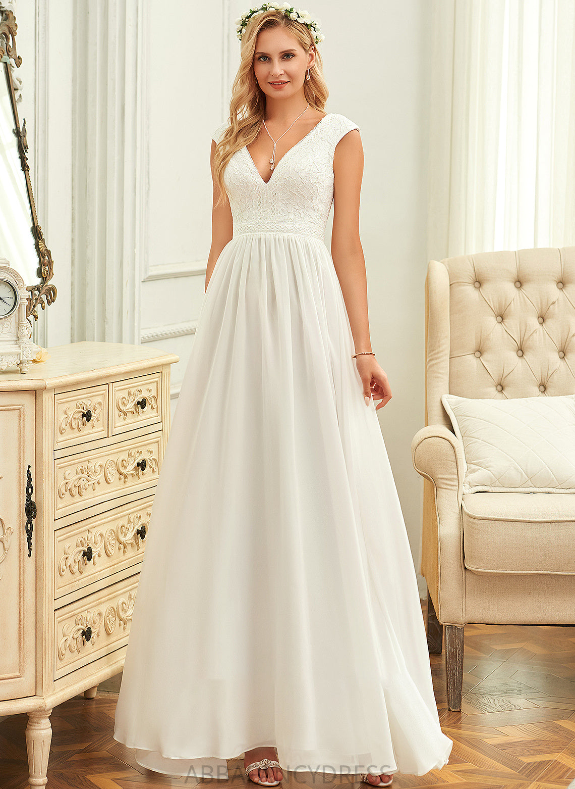 Floor-Length A-Line Wedding Dresses Lace Chiffon V-neck Esmeralda Dress Wedding
