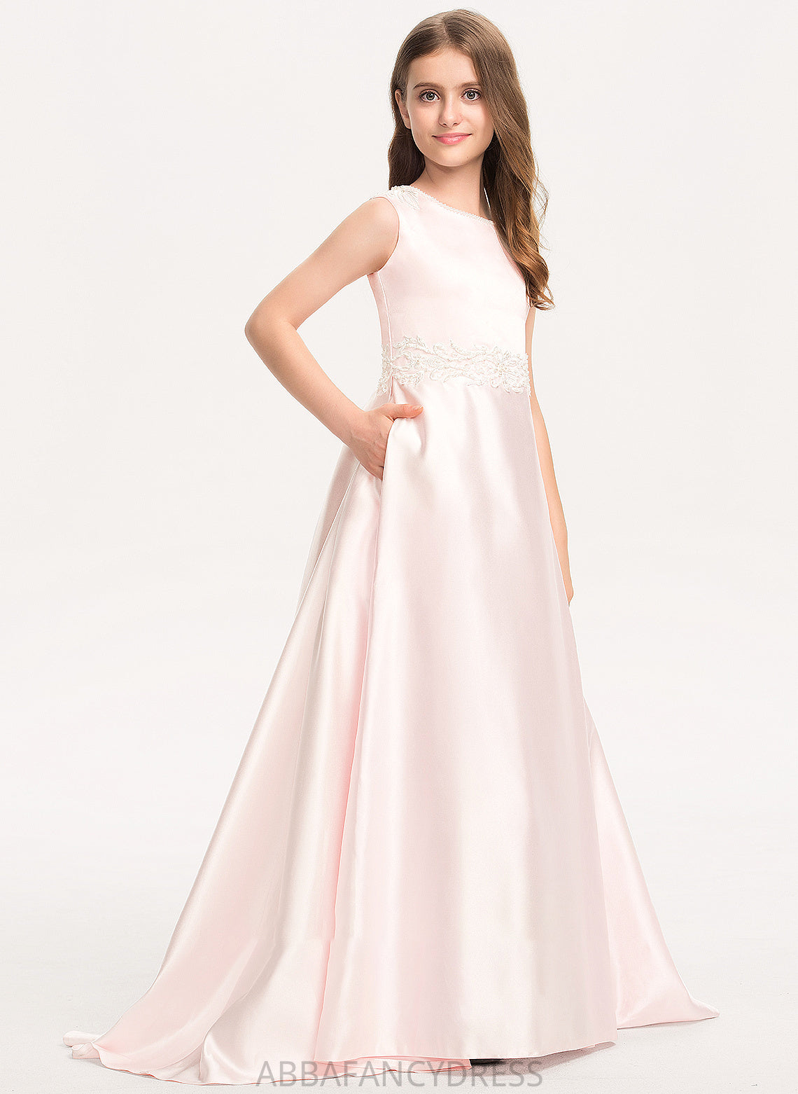 Junior Bridesmaid Dresses Neck Lace Bow(s) A-Line Sweep Satin With Scoop Train Samantha Pockets