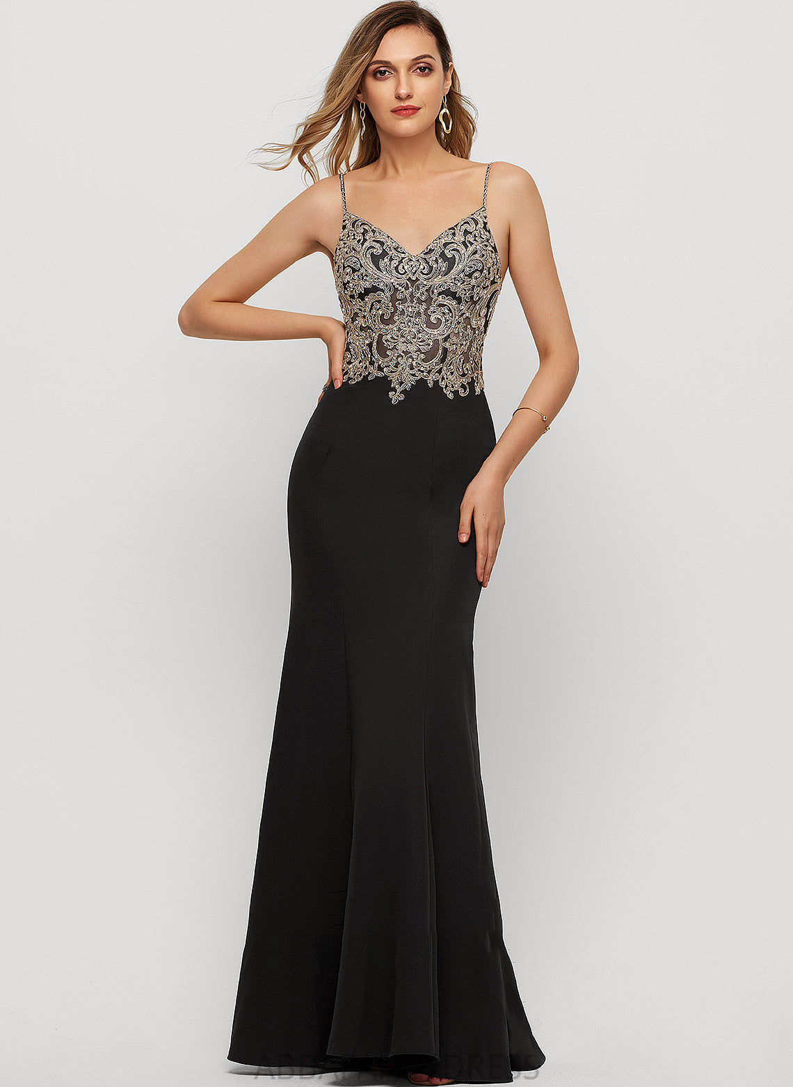 V-neck Beading Sequins Anne With Stretch Trumpet/Mermaid Floor-Length Crepe Prom Dresses