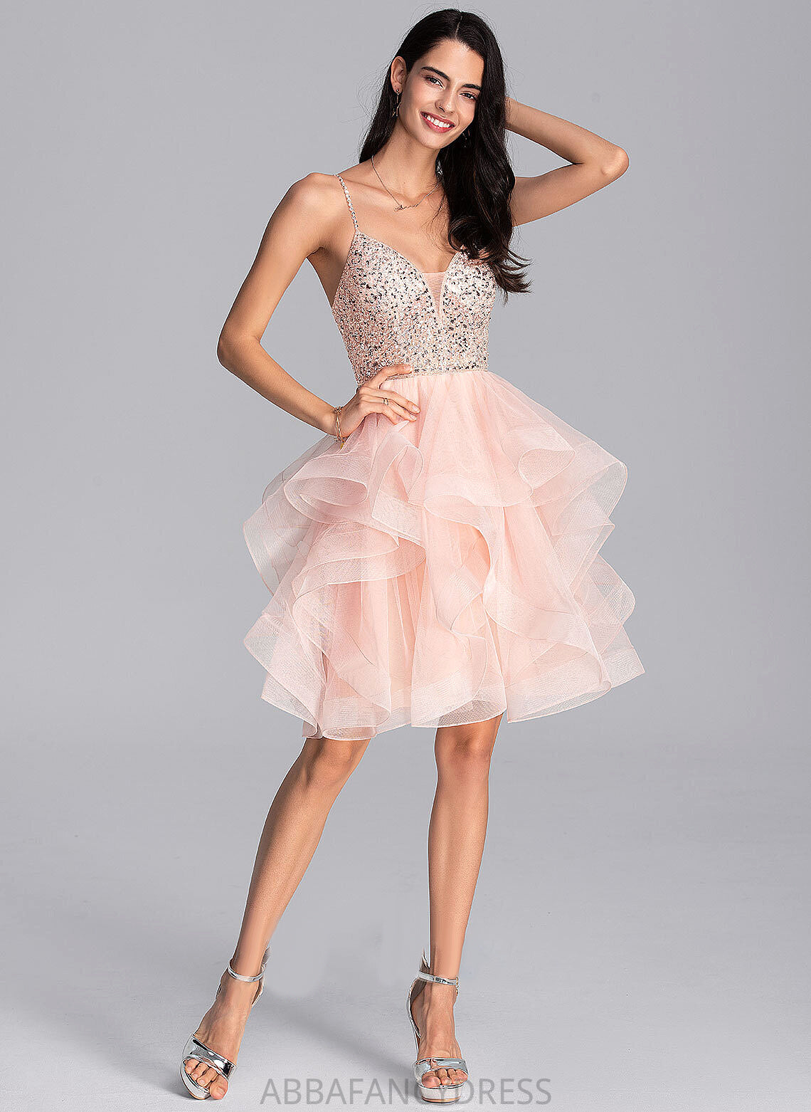 Ball-Gown/Princess Prom Dresses Knee-Length Sequins V-neck Elsie Tulle Beading With
