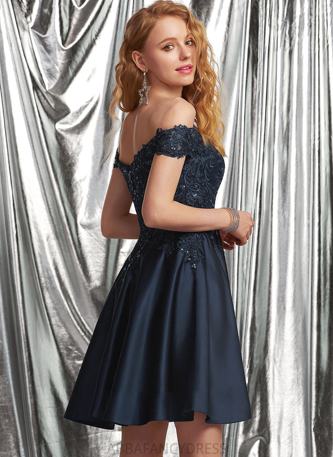 A-Line Lace Imani With Off-the-Shoulder Short/Mini Prom Dresses Satin Sequins