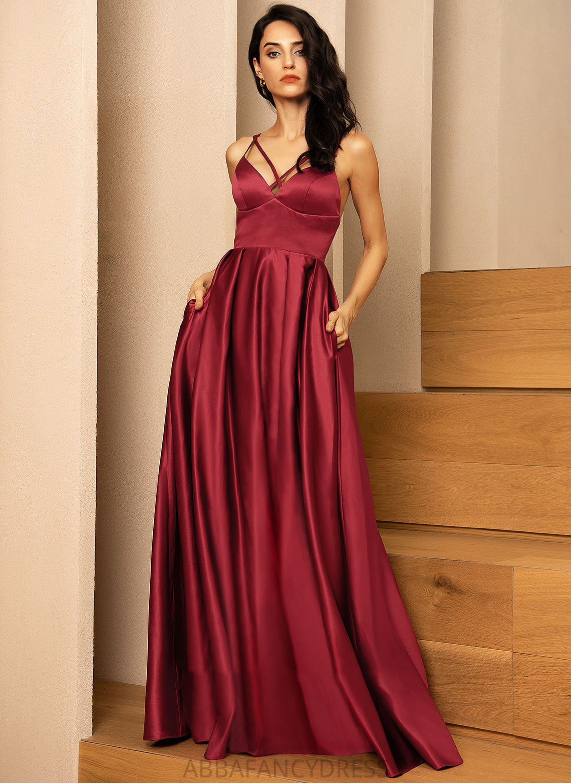 Prom Dresses Floor-Length V-neck Kathryn Front Split With Pockets A-Line Satin