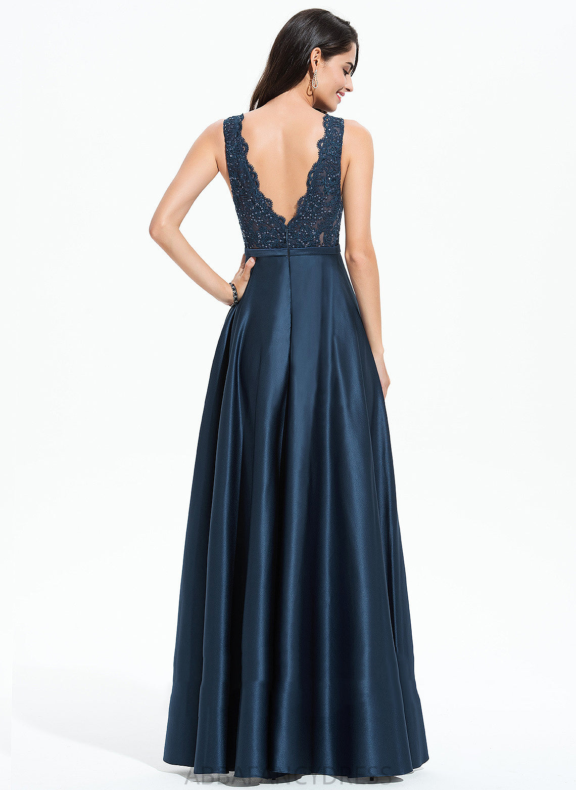 With Celeste Prom Dresses Satin Floor-Length A-Line Sequins V-neck Lace