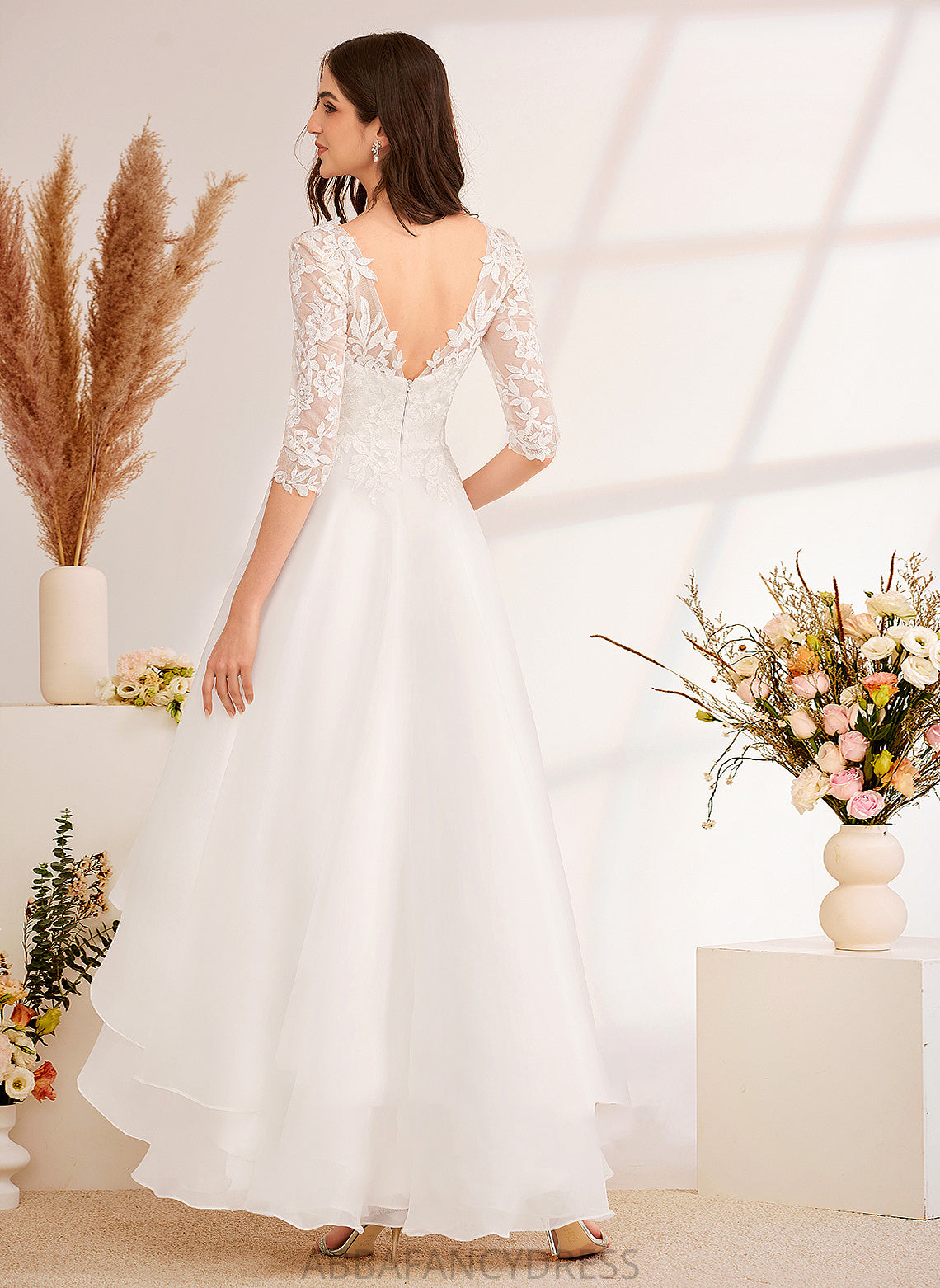 Wedding Beading A-Line Janiah Wedding Dresses Asymmetrical Sequins V-neck With Dress