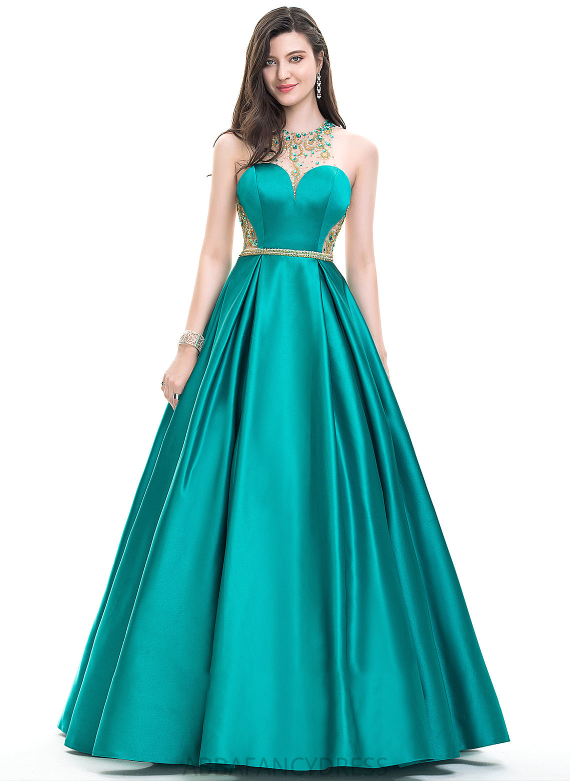 Satin Beading Ball-Gown/Princess Prom Dresses With Amy Scoop Neck Sequins Floor-Length