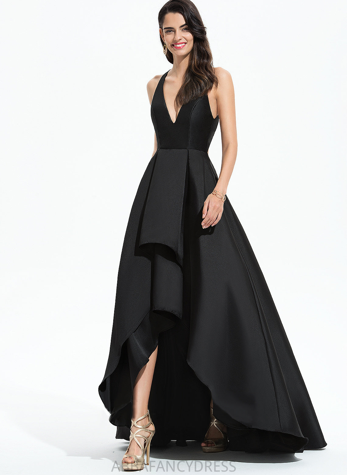 Satin Ruffles Ball-Gown/Princess V-neck With Paityn Cascading Asymmetrical Prom Dresses
