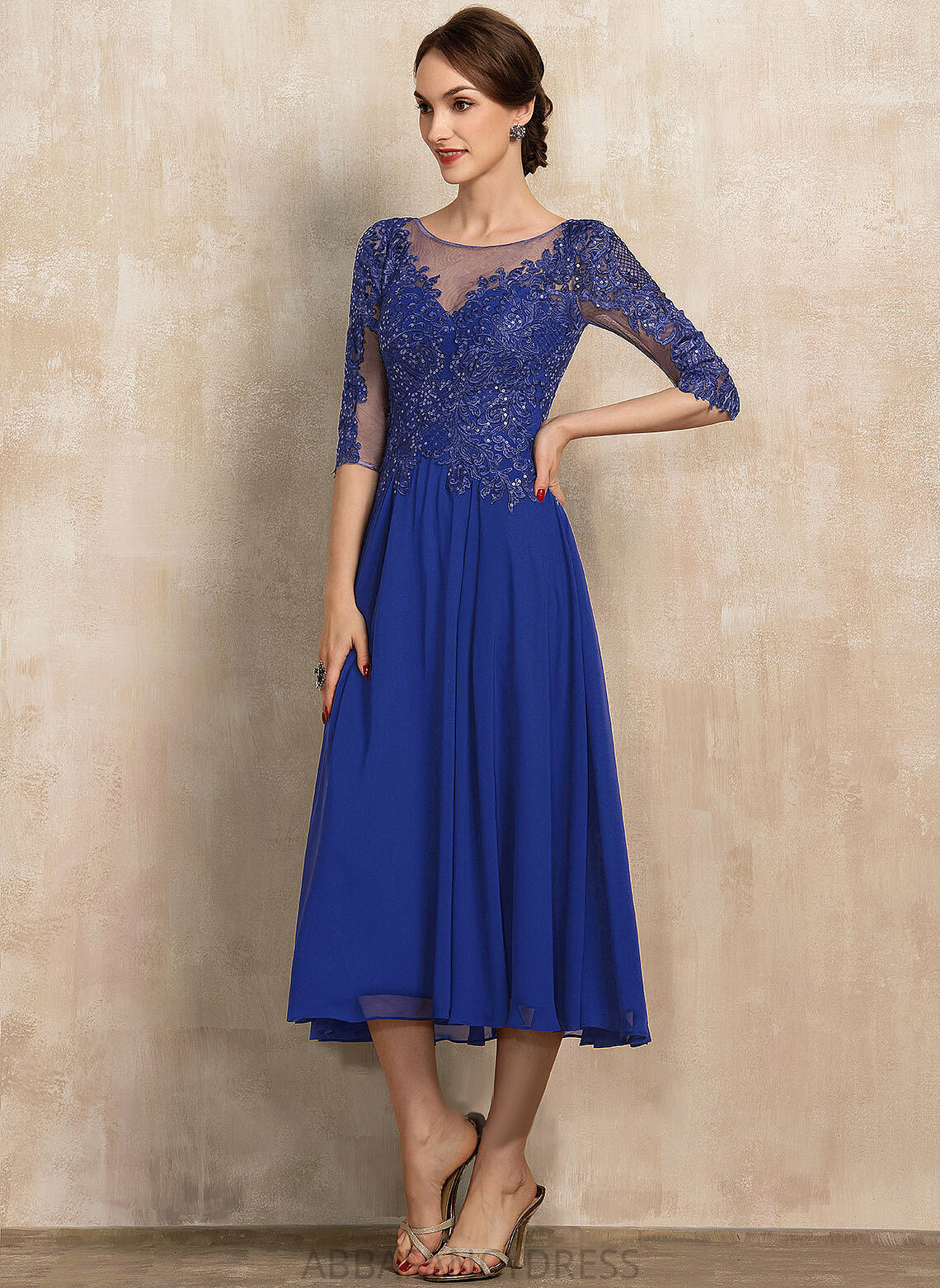 Scoop Sequins Dress Bride Mother Lace the Tea-Length Chiffon of Mira Neck A-Line With Mother of the Bride Dresses