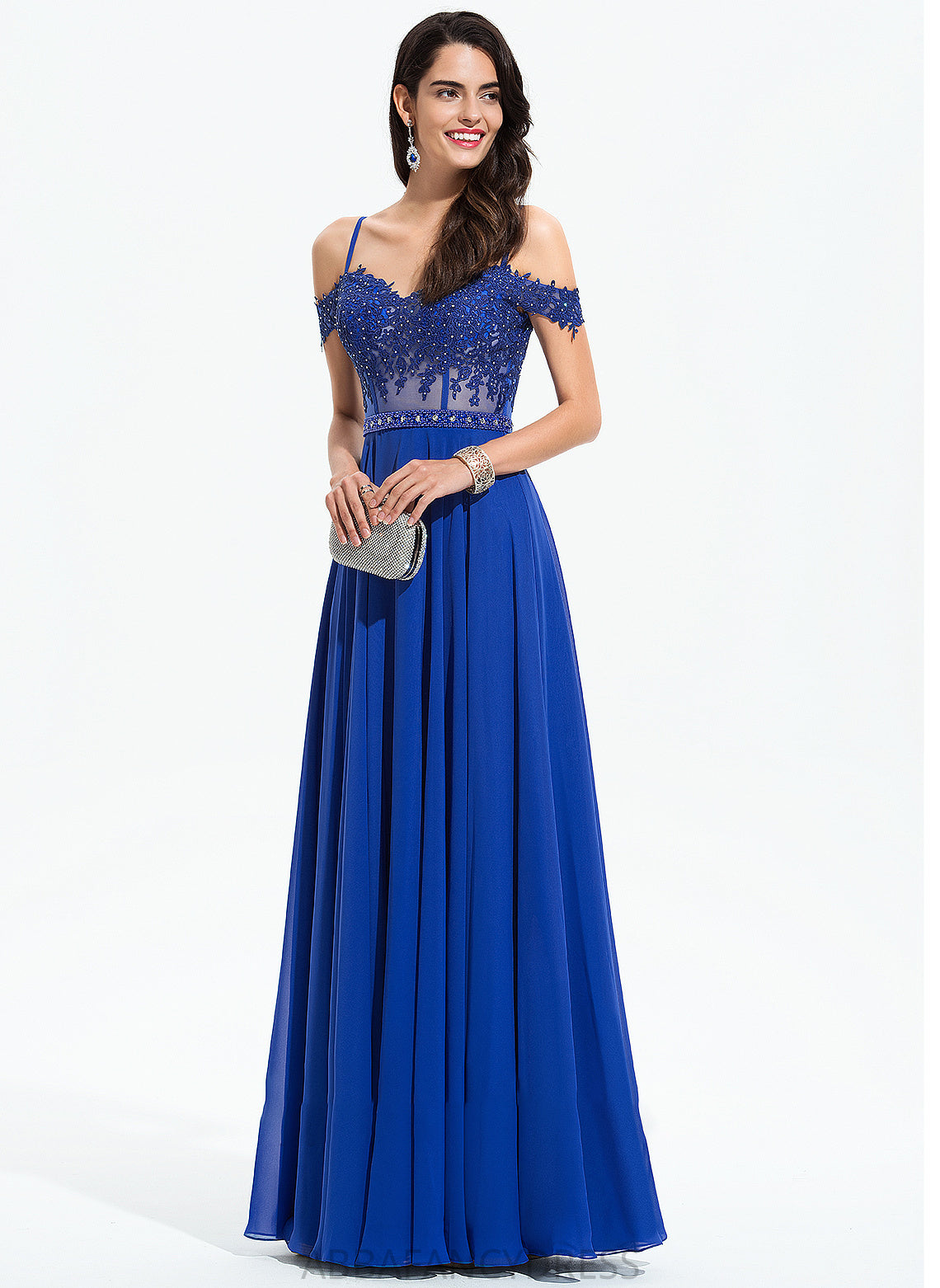 Zoie Sequins Floor-Length A-Line Chiffon With Beading Off-the-Shoulder Sweetheart Prom Dresses