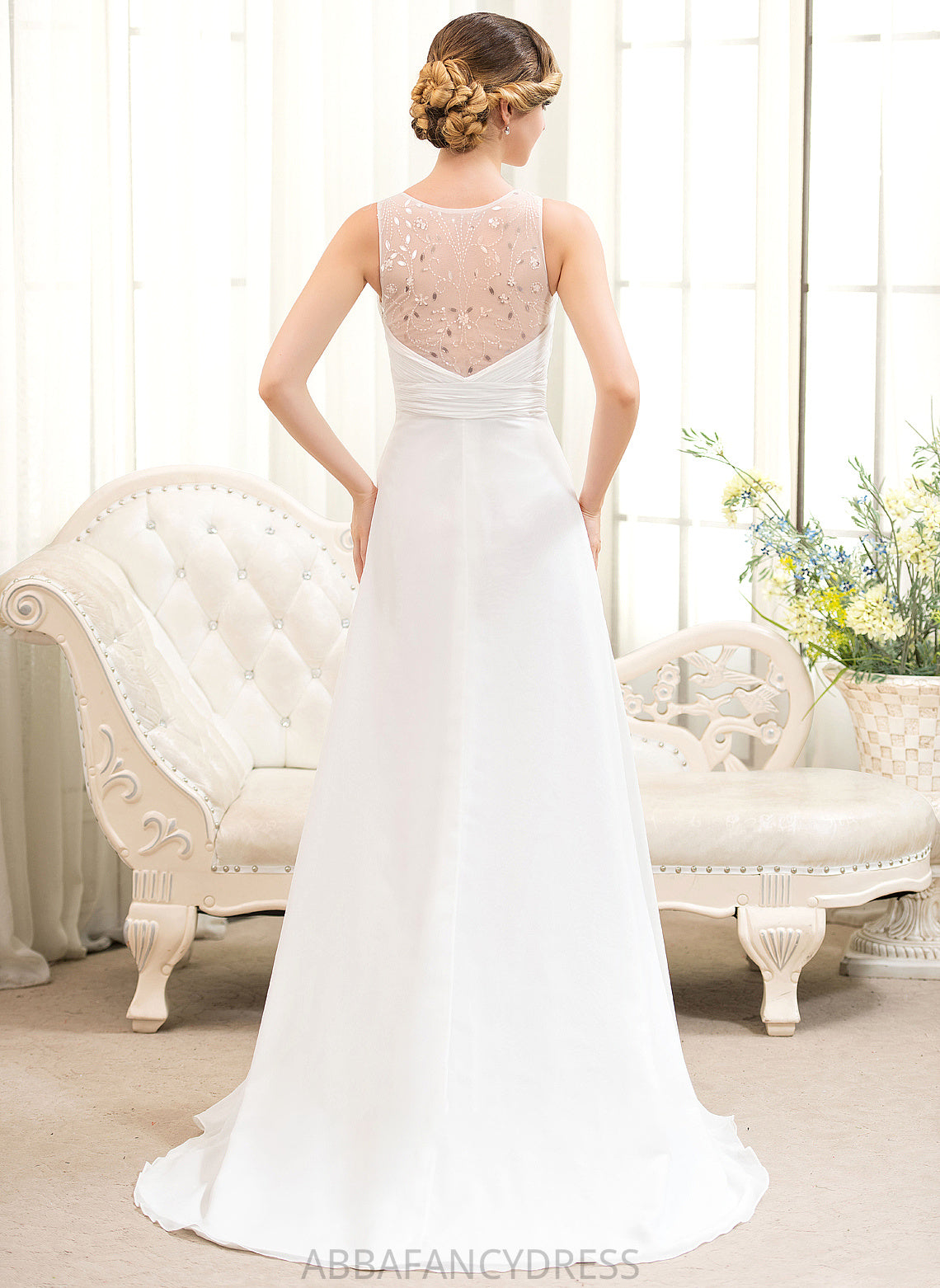 Alissa V-neck Sequins Wedding Dresses Dress Sweep Beading A-Line Chiffon Wedding Cascading With Train Ruffles