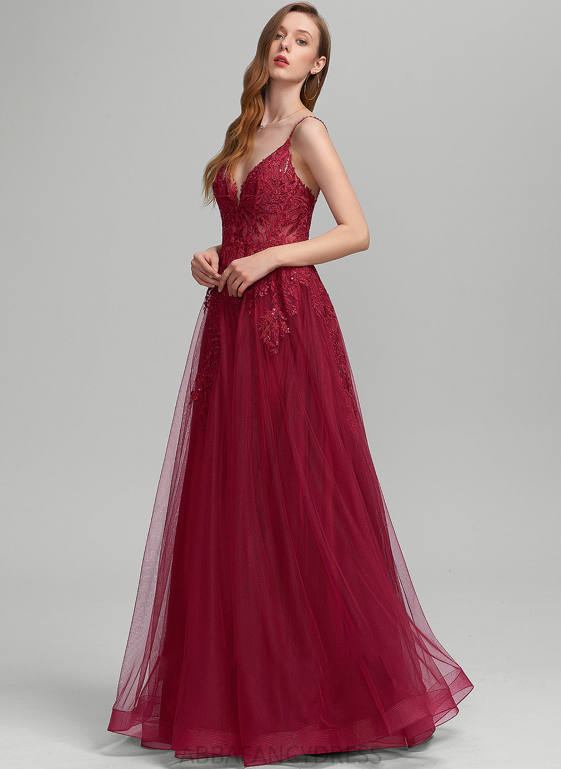 Tulle Jasmine With Ball-Gown/Princess Prom Dresses Sequins Beading V-neck Floor-Length